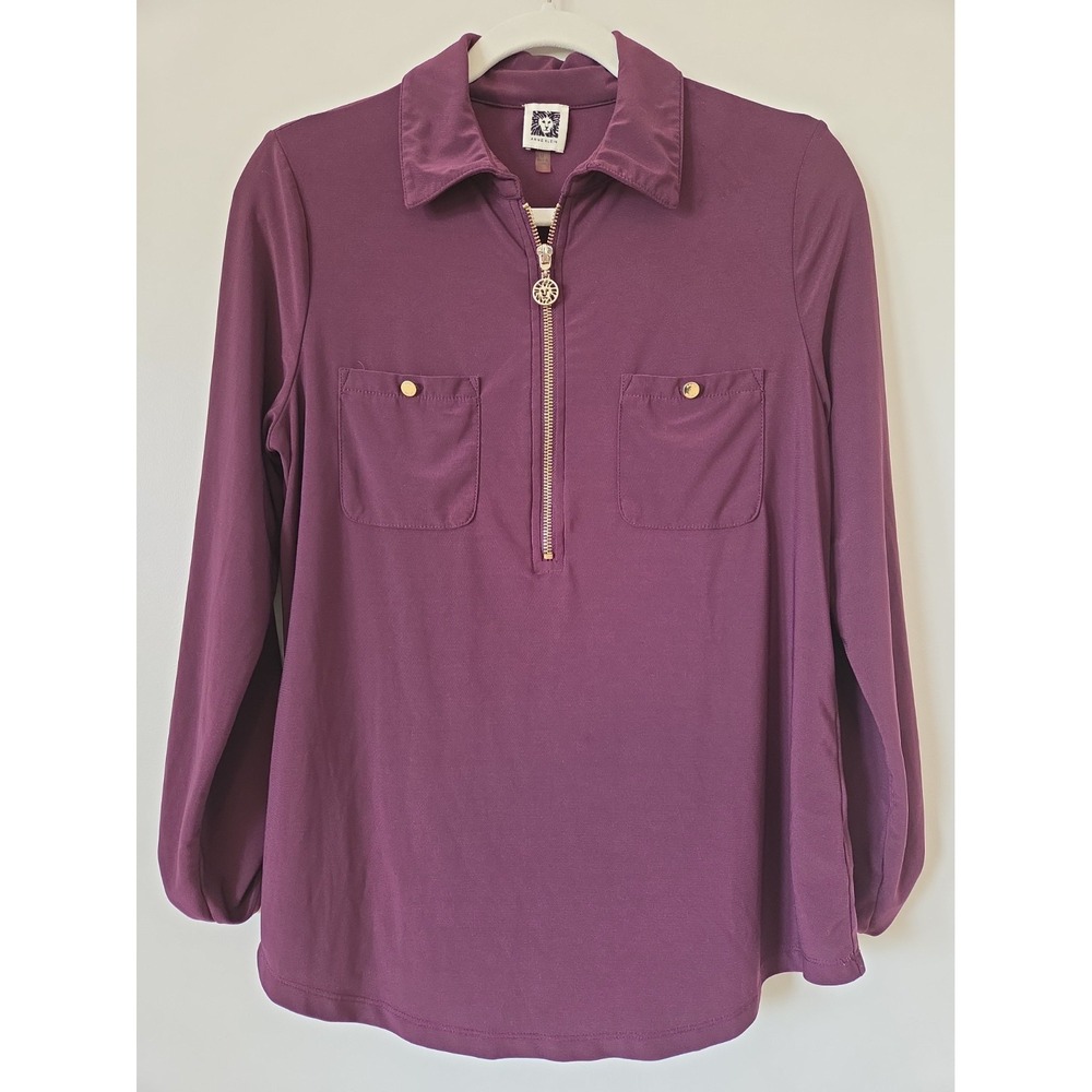 Anne Klein Women's Long Sleeve Top Color Plum Size Medium, Roll-up sleeves